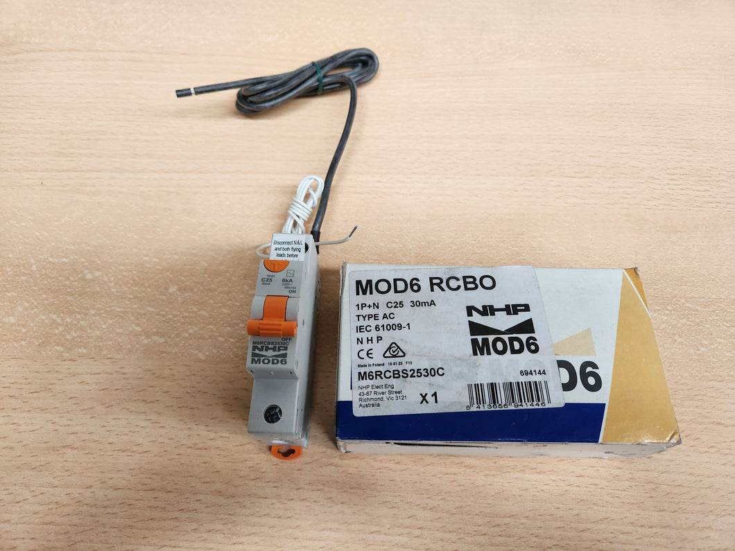 NHP 25 Amp MOD6 Miniature Circuit Breaker & Residual Current Device MCB/RCD RCBO C Curve 1 Pole 6kA 30mA